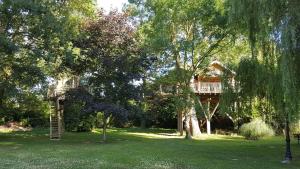 una casa en el árbol en medio de un patio en Cabane perchée luxe avec jacuzzi Domaine du Marais Maisse, en Maisse