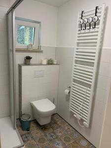 a white bathroom with a toilet and a window at Klein aber Fein mitten in Binz in Binz