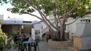 patio z drzewem, stołami i krzesłami w obiekcie La Llar de Laura w mieście El Poblenou del Delta