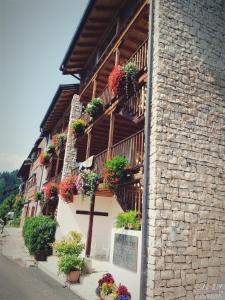 a building with potted plants on the side of it at B&B Val Maschi in Lamon