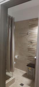 uma casa de banho com chuveiro e cortina de chuveiro em ΠΟΛΥΤΕΛΕΣ -ΜΟΝΤΕΡΝΟ ΔΙΑΜΕΡΙΣΜΑ em Lárissa