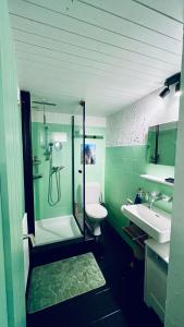 y baño con ducha, aseo y lavamanos. en Chalet Tännli - CharmingStay, en Flumserberg