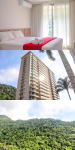 um quarto de hotel com vista para um edifício em SUITE VPM - Varanda, Ar Cond, Estacionamento, Cama Queen, Vista Incrível, 400mb Wi-fi, TV Smart, Serviços de Streaming, Ducha Forte, Próximo a Barra da Tijuca e Recreio, 10min de carro da Praia no Rio de Janeiro