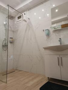 een witte badkamer met een douche en een wastafel bij Pablo Boutique Rooms in Vétrina