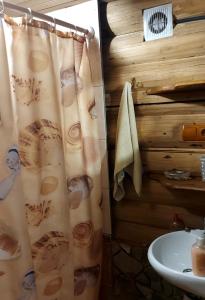 y baño con cortina de ducha y lavamanos. en У Медовому Раю en Rostoka