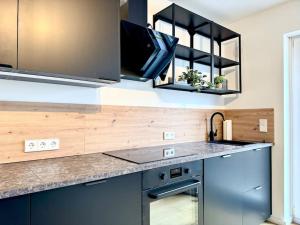 a kitchen with a sink and a counter top at Luxuriös - Dachterrasse - Küche in Forchheim