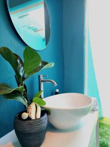 a bathroom with a white bowl and a plant on a counter at EQ SURF RETREAT in Muli