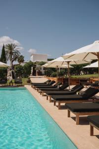 - une rangée de chaises longues et de parasols à côté de la piscine dans l'établissement Casa Maca, à Ibiza