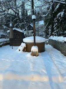 einen schneebedeckten Whirlpool im Hof in der Unterkunft Chata Nezábudka in Oščadnica