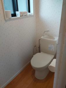 a bathroom with a white toilet and a mirror at 佐世保　貸切小さな一軒家　GUEST HOUSE　楽楽 Luck-Luck in Sasebo