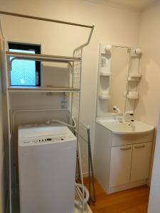 uma pequena casa de banho com um lavatório e uma máquina de lavar roupa em 佐世保　貸切小さな一軒家　GUEST HOUSE　楽楽 Luck-Luck em Sasebo