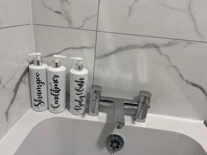 a bathroom sink with three shampoo bottles on it at New Manchester Getaway Home - Free Gated Parking with Fob in Manchester +105 photos