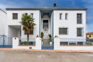uma casa branca com um portão e uma palmeira em Casa de Amigos La Latina con chimenea y barbacoa em Illora