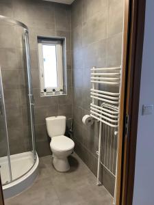 La salle de bains est pourvue de toilettes, d'une douche et d'un lavabo. dans l'établissement Domki na Zapotocu, à Grywałd