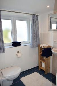 a bathroom with a toilet and a sink and a window at Haus Hanna in Dagebüll