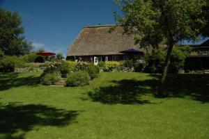 a house with a thatched roof in a yard at Haus Holländerdeich in Dagebüll