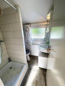 a bathroom with a tub and a toilet and a sink at Hundeurlaub bei Karin, Holzhaus, eingezäunter Garten, E-Ladestation, WLAN, ebenerdig in Emmelsbüll-Horsbüll