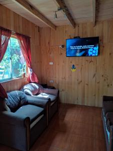 a living room with two couches and a flat screen tv at cabaña de 2 pisos in Coñaripe