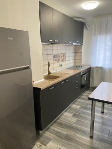 a kitchen with black cabinets and a stainless steel refrigerator at TwinsHause in Craiova