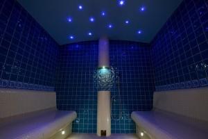 a room with a blue tiled wall with aperature at Miód Lawenda in Biardy +46 photos