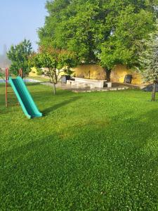 a playground with a green slide in the grass at Estancia Vacacional Las Nogueras in Cuenca