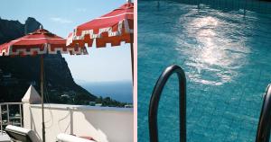 zwei Bilder eines Schwimmbads mit Sonnenschirm in der Unterkunft Il Capri Hotel in Capri