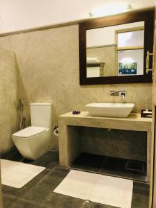 La salle de bains est pourvue de toilettes, d'un lavabo et d'un miroir. dans l'établissement Paradise Garden Beruwala, à Beruwala