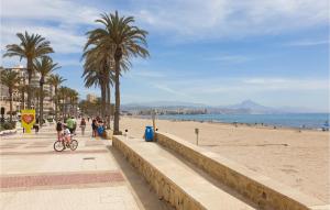 a beach with palm trees and a person riding a bike at 2 Bedroom Cozy Apartment In El Campello in El Campello