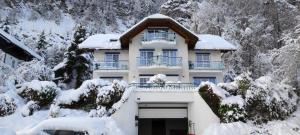 a house covered in snow with snow covered trees at Lueg36 am See in Sankt Gilgen