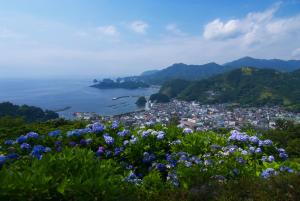 - Vistas a la ciudad desde una colina con flores en 御宿しんしま, en Matsuzaki