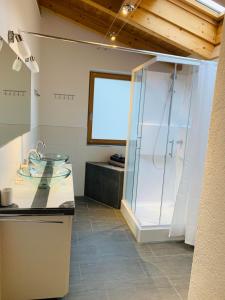 ein Bad mit einer Dusche und einem Waschbecken in der Unterkunft Ferienhaus Julia in Oetz