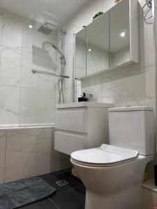 a white bathroom with a toilet and a shower at Bucovina View apartment in Câmpulung Moldovenesc