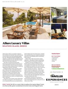 een pagina van een artikel in een tijdschrift met een tafel en paraplu bij Allure Luxury Villas in Skiathos-stad