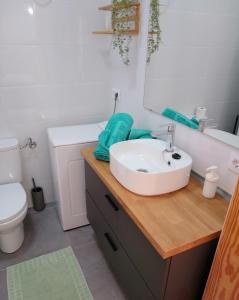 La salle de bains est pourvue d'un lavabo, de toilettes et d'un miroir. dans l'établissement CASA RURAL MARY, à San Miguel de Abona