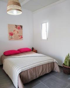 サンミゲル・デ・アボナにあるCASA RURAL MARYのベッドルーム1室(大型ベッド1台、赤い枕付)