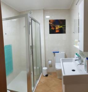 W łazience znajduje się prysznic, umywalka i toaleta. w obiekcie A Caminho da Ilha w mieście Ponta Delgada