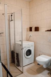 a bathroom with a washing machine and a toilet at Apartment in Seenähe in Berlin