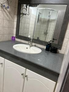 a bathroom counter with a sink and a mirror at MAURISIA APARTMENT Trou Aux Biches in Pamplemousses Village