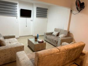 a living room with couches and a flat screen tv at MAURISIA APARTMENT Trou Aux Biches in Pamplemousses Village
