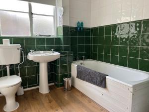 La salle de bains est pourvue de carrelage vert, de toilettes et d'un lavabo. dans l'établissement Forestry Cottage. Hot tub, open fire, dog friendly, à Gaywood