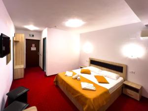 a hotel room with a bed in a red carpet at Pensiunea Karina in Caciulata