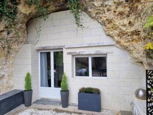 a white brick house with two potted plants on it at Le clos des violettes in Amboise