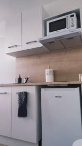 uma cozinha com um micro-ondas e um frigorífico em Charmant T1Bis rénové avec goût em Rodez
