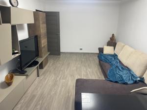a living room with a couch and a flat screen tv at TwinsHause in Craiova