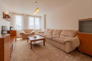 a living room with a couch and a flat screen tv at Residence Le Mont Špindlerův Mlýn in Špindlerův Mlýn