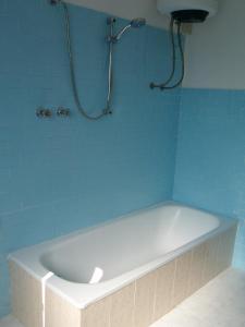 a bath tub in a blue bathroom with a shower at Appartamenti Condominio Daniele in Grado