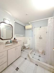 W łazience znajduje się umywalka, toaleta i lustro. w obiekcie Vijaya's Homestead Jaipur w mieście Dżajpur