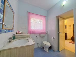 łazienka z umywalką, toaletą i oknem w obiekcie Vijaya's Homestead Jaipur w mieście Dżajpur