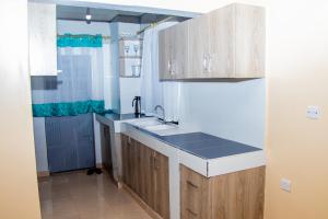una cocina con armarios de madera y fregadero en Lavish Haven Home, en Bungoma