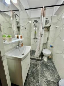 ein Badezimmer mit einem weißen Waschbecken und einem WC in der Unterkunft Parc Vatra Dornei 1 - Family, couples & groups in Vatra Dornei